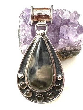 Jay King Sterling Silver & Copper Teardrop Agate with Smokey Quartz Pendant